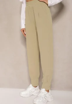 Jasnozielone Spodnie High Waist z Gumką w Talii Teniela