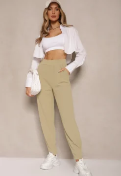 Jasnozielone Spodnie High Waist z Gumką w Talii Teniela