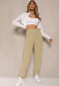 Jasnozielone Spodnie High Waist z Gumką w Talii Teniela