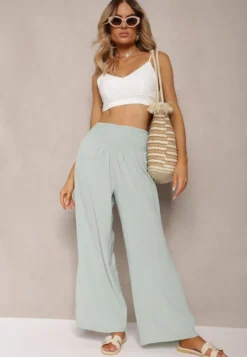 Jasnozielone Spodnie Kuloty High Waist z Gumką w Talii Lipadre