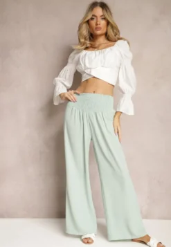 Jasnozielone Spodnie Kuloty High Waist z Gumką w Talii Lipadre