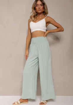 Jasnozielone Spodnie Kuloty High Waist z Gumką w Talii Lipadre
