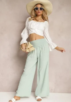 Jasnozielone Spodnie Kuloty High Waist z Gumką w Talii Lipadre