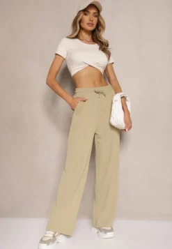 Jasnozielone Spodnie o Szerokim Kroju High Waist Ozdobione Sznurkiem Deyrisse