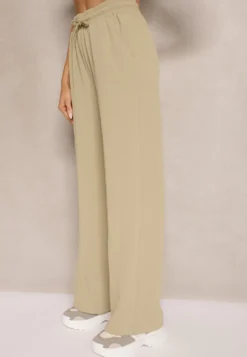 Jasnozielone Spodnie o Szerokim Kroju High Waist Ozdobione Sznurkiem Deyrisse