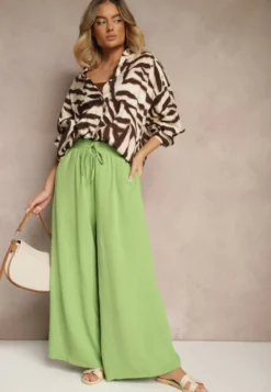 Jasnozielone Spodnie Palazzo o Szerokim Kroju Ozdobione Sznurkiem Ularira