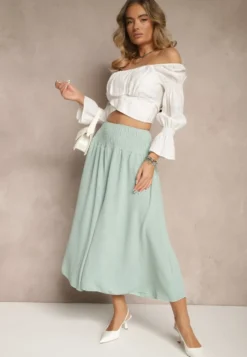 Jasnozielone Spodnie Typu Kuloty High Waist o Szerokim Kroju z Marszczeniem Araliannis