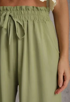 Jasnozielone Spodnie z Bawełny Typu Palazzo High Waist z Gumką w Talii Nelsaria
