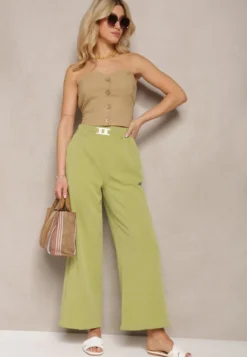 Jasnozielone Spodnie z Szerokimi Nogawkami w Stylu Palazzo High Waist z Gumką w Pasie z Ozdobnym Elementem Ellsiana