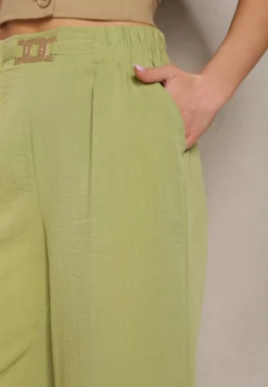 Jasnozielone Spodnie z Szerokimi Nogawkami w Stylu Palazzo High Waist z Gumką w Pasie z Ozdobnym Elementem Ellsiana