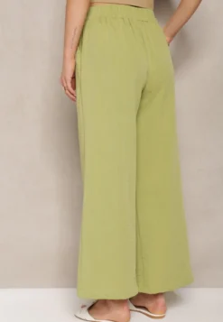 Jasnozielone Spodnie z Szerokimi Nogawkami w Stylu Palazzo High Waist z Gumką w Pasie z Ozdobnym Elementem Ellsiana