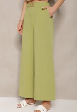 Jasnozielone Spodnie z Szerokimi Nogawkami w Stylu Palazzo High Waist z Gumką w Pasie z Ozdobnym Elementem Ellsiana