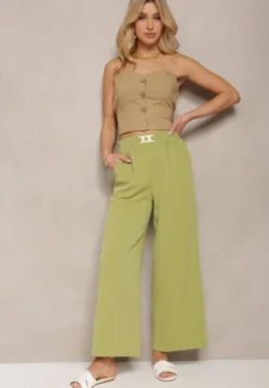 Jasnozielone Spodnie z Szerokimi Nogawkami w Stylu Palazzo High Waist z Gumką w Pasie z Ozdobnym Elementem Ellsiana