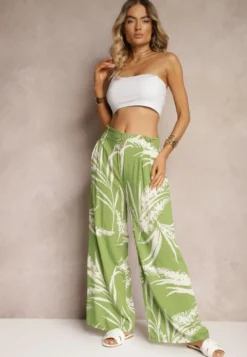 Jasnozielone Szerokie Spodnie z Wiskozy High Waist o Kroju Kulotów z Motywem Liści Vimanelle