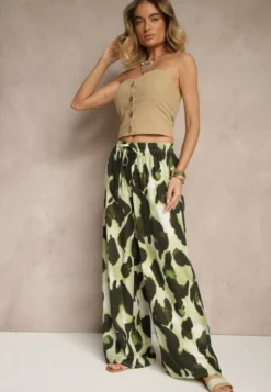 Jasnozielone Szerokie Spodnie High Waist z Wiskozą w Panterkowy Wzór Zeviera