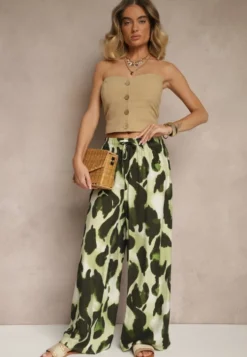 Jasnozielone Szerokie Spodnie High Waist z Wiskozą w Panterkowy Wzór Zeviera