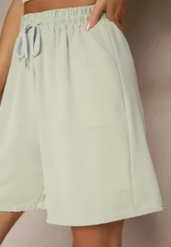 Jasnozielone Szorty z Bawełną High Waist Ozdobione Sznurkiem Talanisse