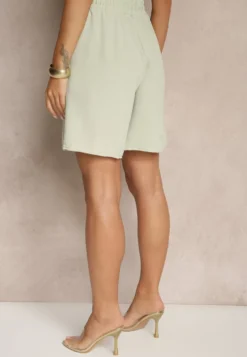 Jasnozielone Szorty z Bawełną High Waist Ozdobione Sznurkiem Talanisse