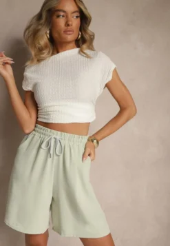 Jasnozielone Szorty z Bawełną High Waist Ozdobione Sznurkiem Talanisse