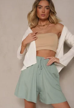 Jasnozielone Szorty z Bawełny High Waist Ozdobione Wiązaniem Selmio