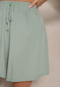Jasnozielone Szorty z Bawełny High Waist Ozdobione Wiązaniem Selmio