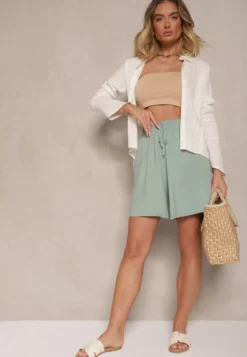 Jasnozielone Szorty z Bawełny High Waist Ozdobione Wiązaniem Selmio