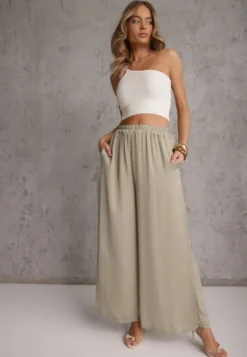 Jasnozielone Wiskozowe Spodnie Szerokie High Waist Rissalene