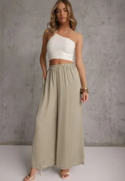 Jasnozielone Wiskozowe Spodnie Szerokie High Waist Rissalene