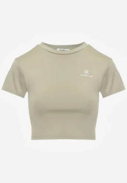 Jasnozielony Basicowy T-shirt w Stylu Cropped z Subtelnym Nadrukiem Loraera