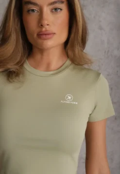 Jasnozielony Basicowy T-shirt w Stylu Cropped z Subtelnym Nadrukiem Loraera