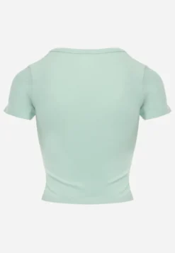 Jasnozielony Krótki T-shirt Basic z Okrągłym Dekoltem Gresalor