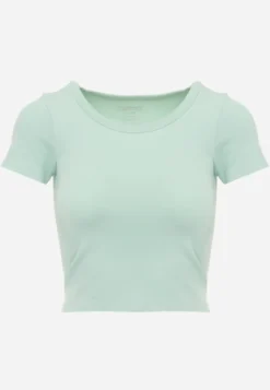 Jasnozielony Krótki T-shirt Basic z Okrągłym Dekoltem Gresalor