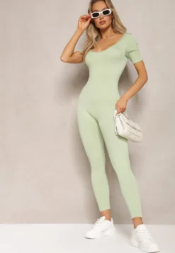 Jasnozielony Prążkowany Kombinezon Bodycon z Długimi Nogawkami i Krótkimi Rękawami Vittone