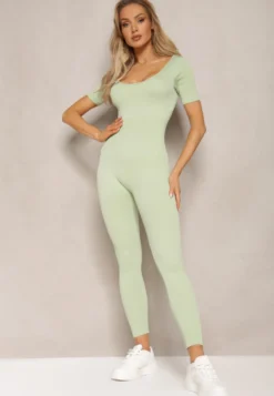 Jasnozielony Prążkowany Kombinezon Bodycon z Długimi Nogawkami i Krótkimi Rękawami Vittone