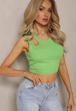 Jasnozielony Tank Top na Ramiączkach z Asymetrycznym Wycięciem Eraifa