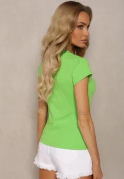 Jasnozielony T-shirt z Bawełny Koszulka z Krótkim Rękawem z Dekoltem Ozdobionym Napami Fulana