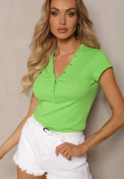 Jasnozielony T-shirt z Bawełny Koszulka z Krótkim Rękawem z Dekoltem Ozdobionym Napami Fulana
