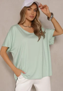 Jasnozielony T-shirt z Wiskozą w Stylu Nietoperza Liofala