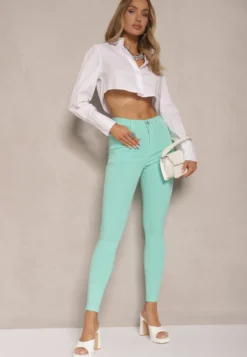 Miętowe Skinny Jeansy z Bawełną High Waist Lorie
