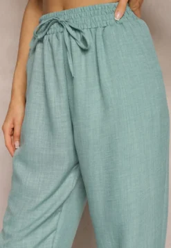 Miętowe Spodnie z Troczkiem w Pasie i Kieszeniami Ufalia