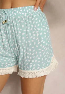 Miętowe Wiskozowe Szorty z Gumką w Talii High Waist Ozdobione Troczkami Ulorea