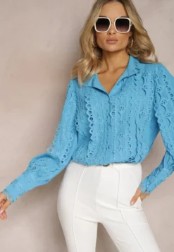 Niebieska Ażurowa Koszula z Elegancką Stójką Manuella