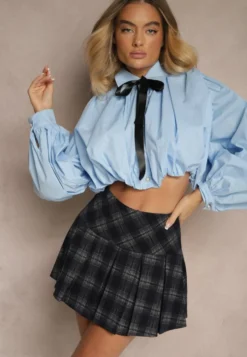 Niebieska Bufiasta Koszula z Bawełny w Stylu Retro z Ozdobną Kokardą Frulla