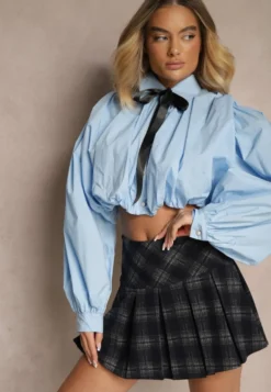 Niebieska Bufiasta Koszula z Bawełny w Stylu Retro z Ozdobną Kokardą Frulla