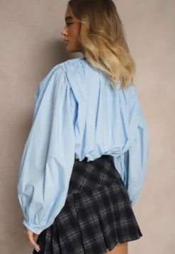 Niebieska Bufiasta Koszula z Bawełny w Stylu Retro z Ozdobną Kokardą Frulla