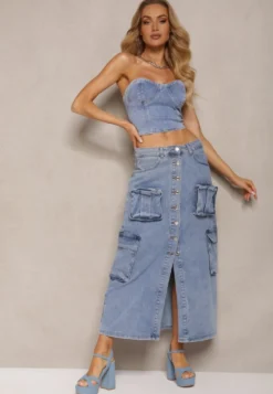 Niebieska Casualowa Jeansowa Spódnica High Waist Ozdobiona z Przodu Guzikami i Kieszeniami z Klapami Teriara