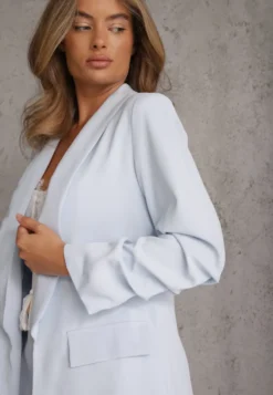 Niebieska Elegancka Marynarka bez Zapięcia z Marszczonymi Rękawami Albuca