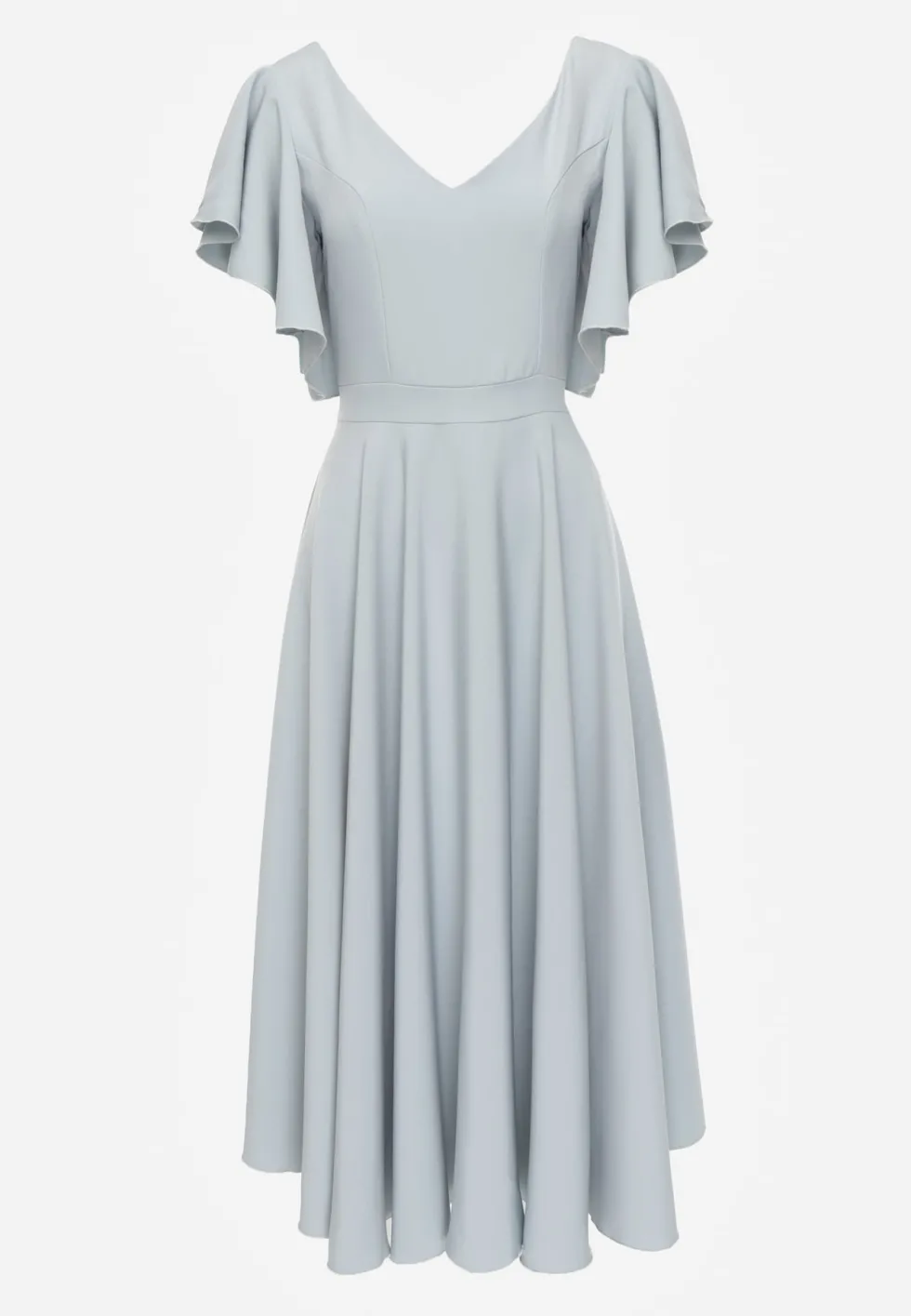 Niebieska Elegancka Sukienka Rozkloszowana Zdobiona Falbanami na Ramionach Nessaza