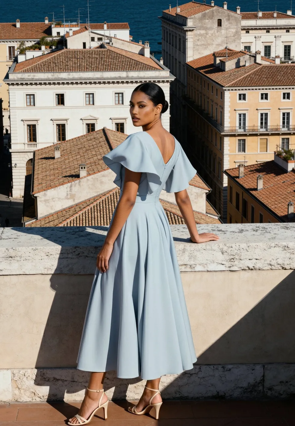 Niebieska Elegancka Sukienka Rozkloszowana Zdobiona Falbanami na Ramionach Nessaza