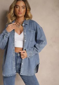 Niebieska Jeansowa Koszula z Wiskozą o Kroju Oversize Ulariela